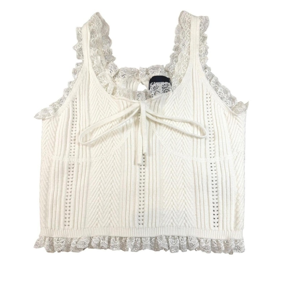 Katie J NYC Madison White Pointelle Knit Lace Trim Sweater Cami Top Size XL